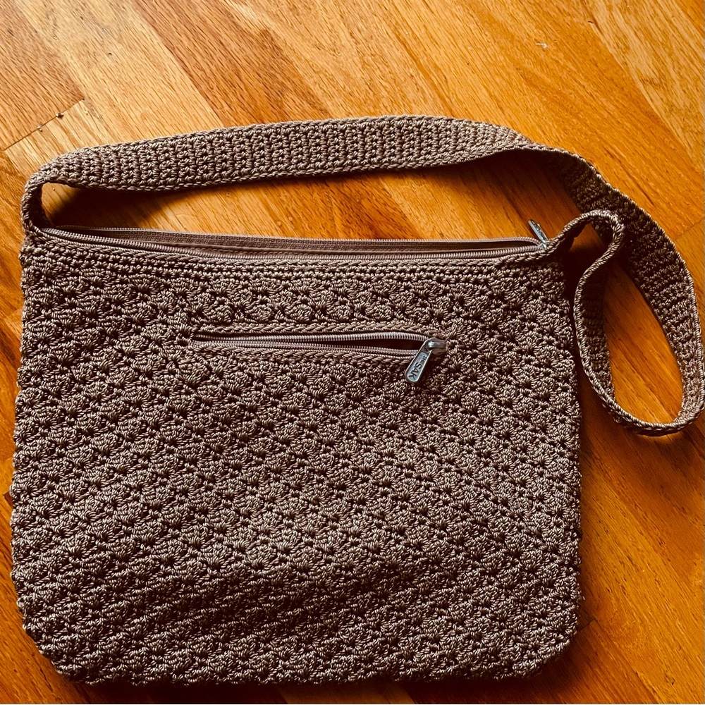 The Sak Crochet Zipper Shoulder Bag Purse 11”x11”x2”Brown.